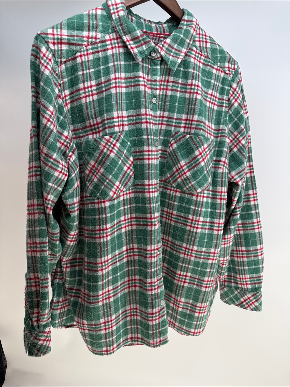 Source Unknown Green Plaid Button-Down Shirt with Red & White Trim